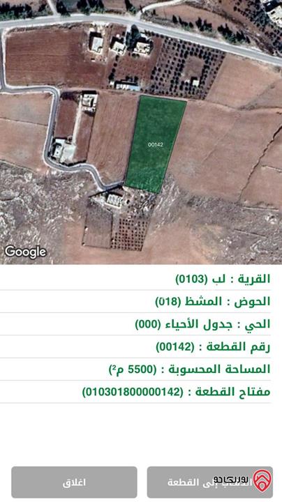 قطعة أرض مساحة 5 دونم و 500م للبيع في مادبا من أراضي ذيبان - قرية لب