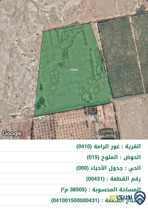 قطعة أرض مساحة 38500م للبيع في المغطس البحر الميت مع بئر ماء مرخص