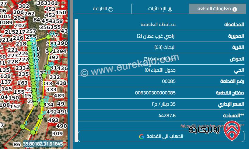 أرض مساحة 44 دونم للبيع من أراضي غرب عمان - البحاث خربة السعادة
