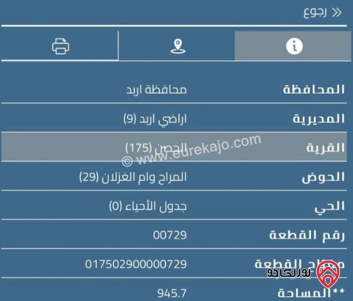 قطعة أرض مساحة 945م للبيع في اربد - الحصن	