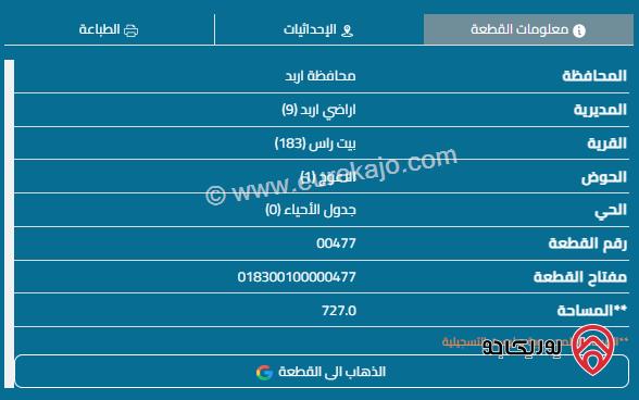 قطعة أرض مساحة 726م للبيع في اربد - بيت راس	