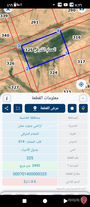 قطعة ارض مساحة 3 دونم و 493م للبيع من أراضي جنوب عمان - الحمام الشرقي