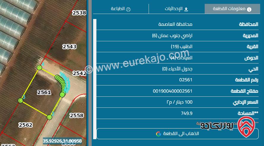 ارض مساحة 750م للبيع من اراضي جنوب عمان / الطنيب حوض العيادات
