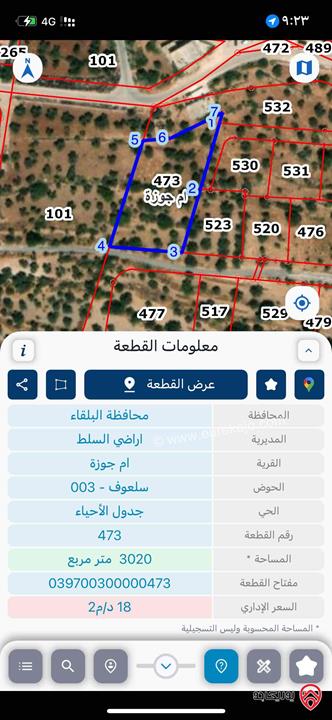 ارض للبيع في منطقة السلط - سلعوف - مساحة 1 دنم