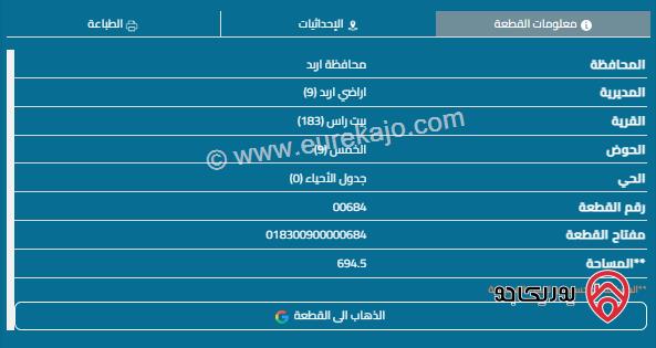 قطعة أرض مساحة 695م للبيع في اربد - بيت راس 