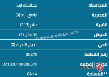 قطعة أرض مساحة 641م للبيع في اربد - هام 