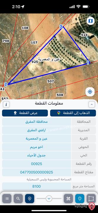 قطعة ارض مساحة 8100م للبيع في المفرق - عين والمعمرية