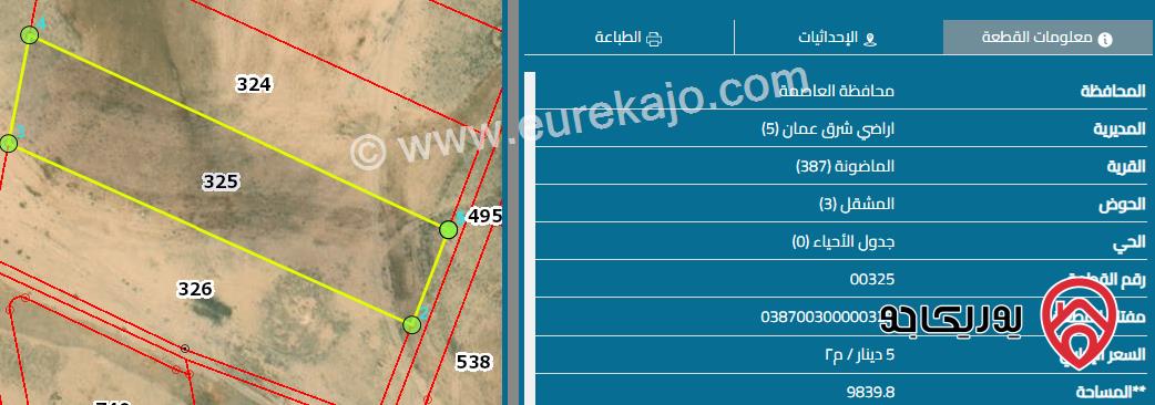 قطعة أرض مساحة 9 دونم و 835 م للبيع من أراضي جنوب عمان - قرية الماضونه