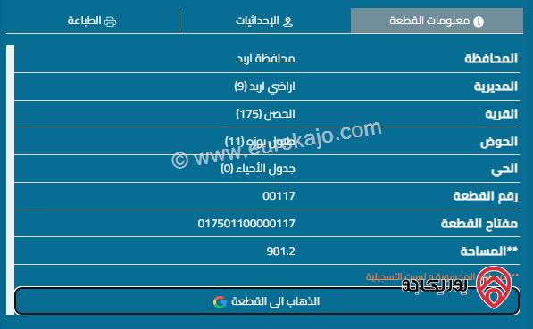 قطعة أرض مساحة 1022م للبيع في اربد - الحصن 