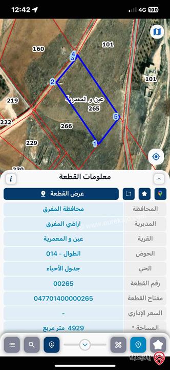 قطعة ارض مساحة 4 دونم و 929م للبيع في منطقة المعمرية - المفرق