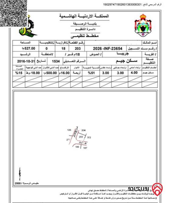 أرض مساحة 527م للبيع في الزرقاء - جريبا