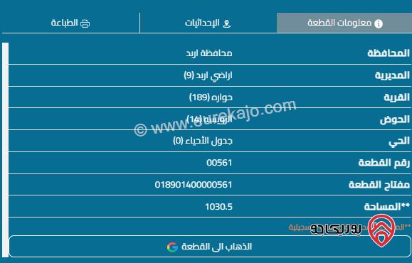 قطعة أرض على 3 شوارع مساحة 1030م للبيع في اربد - حوارة	