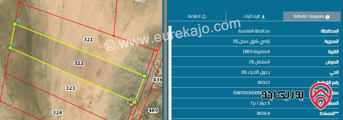قطعة أرض مساحة 9 دونم و 925 م للبيع من أراضي جنوب عمان - قرية الماضونه