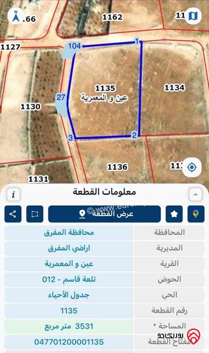 قطعة أرض مساحة 3 دونم و 531م للبيع في المفرق - عين والمعمرية