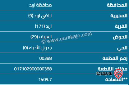 قطعة أرض مساحة 1410م للبيع في اربد 