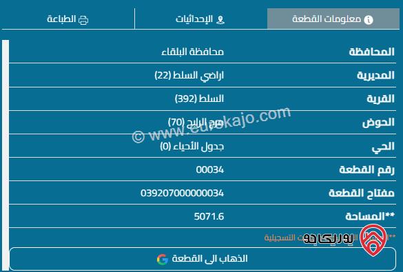 قطعة أرض مساحة 5071م للبيع في السلط بالقرب من شارع الستين اطلالة غربية - حوض مرج الرابح