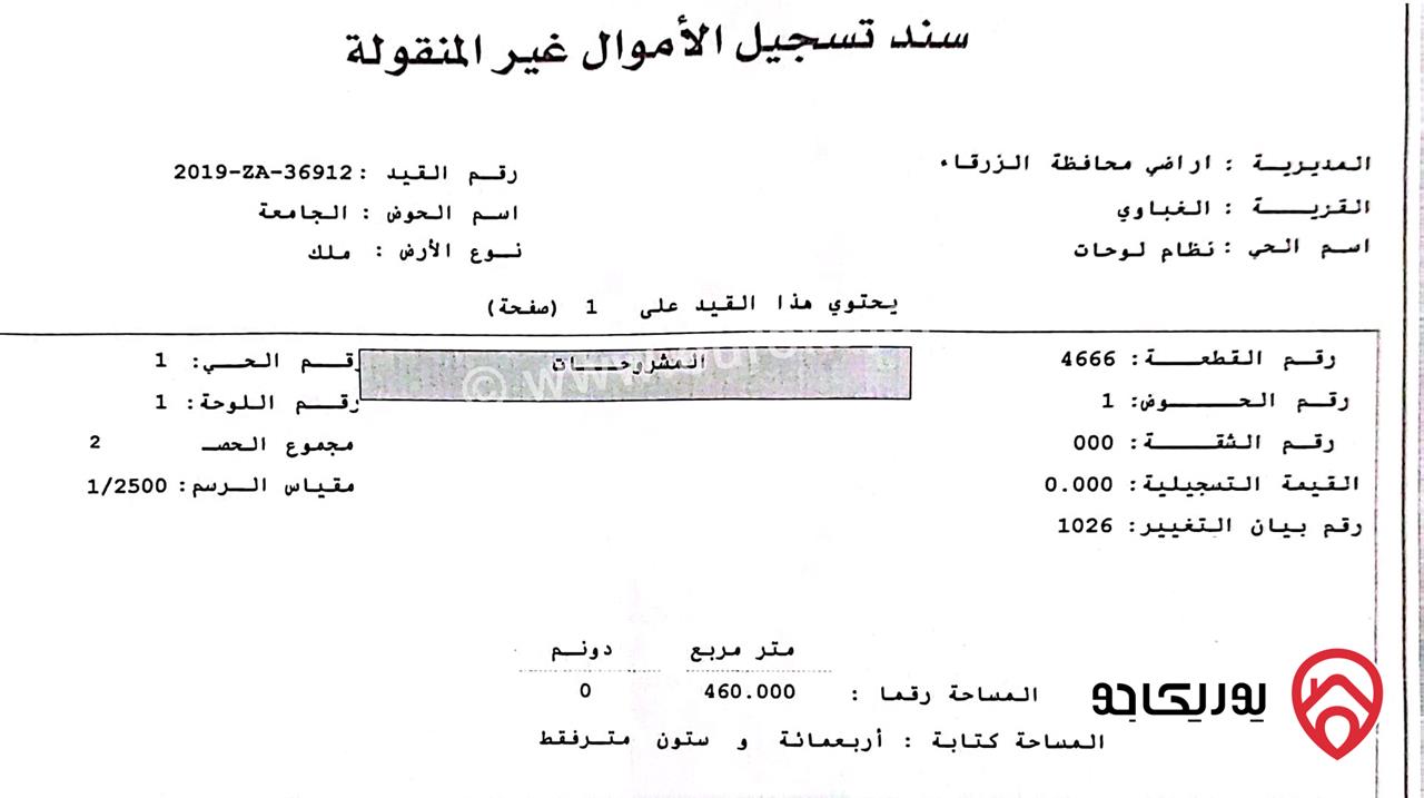 ارض مساحة 460م للبيع في الزرقاء - منطقة الغباوي بجانب جامعة الزرقاء