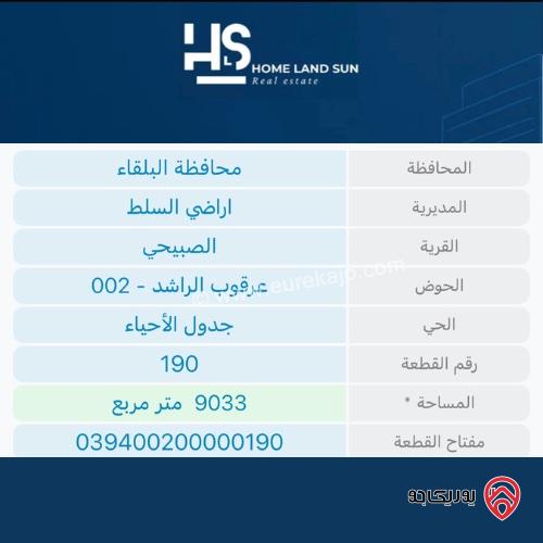 قطعة ارض مساحة 9 دونم للبيع في السلط