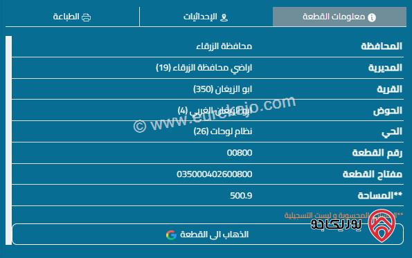 قطعة أرض مساحة 501م للبيع في الزرقاء - أبو الزيغان	