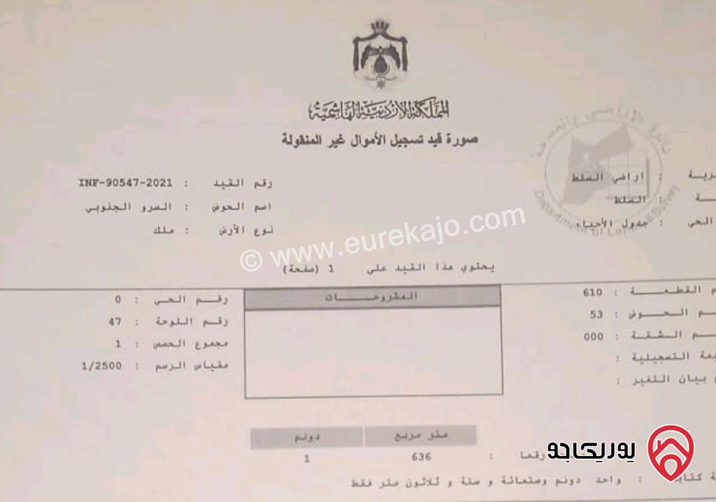 أرض تجاري طولي مساحة 1 دونم و 636م للإيجار في السلط