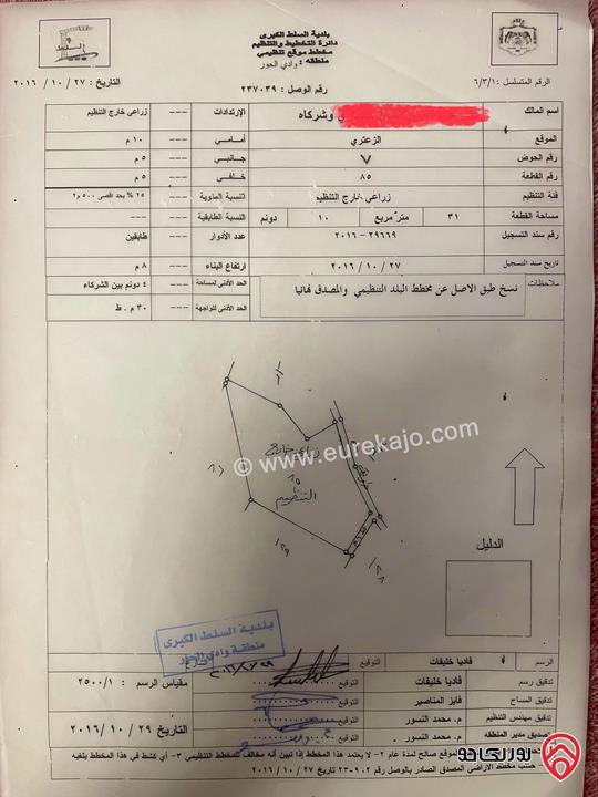 ارض مميزة مساحة 10 دونم و 44م للبيع في السلط - الزعتري تصلح لبناء فيلا او مزرعة 