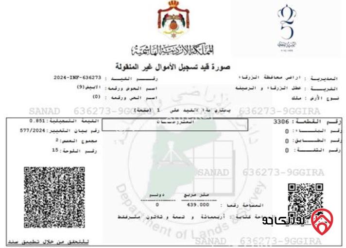 قطعة أرض مساحة 439م للبيع في الزرقاء – الجبل الأبيض - ضاحية الأميرة رحمة