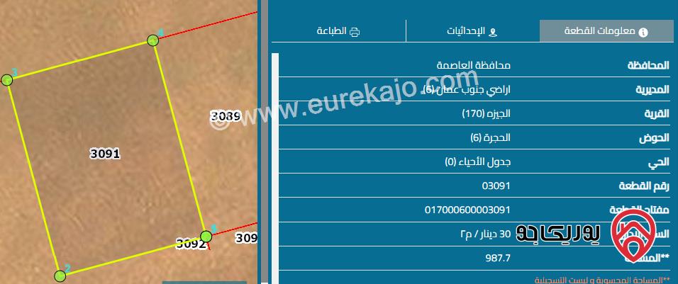 قطعة أرض سكن ب مساحة 985 م للبيع في عمان - الجيزة