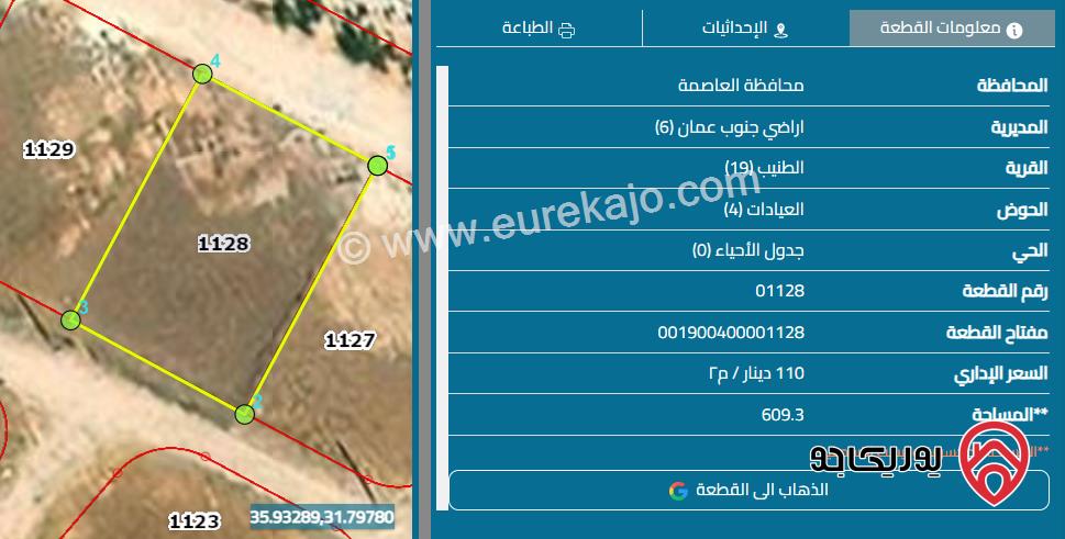 قطعة أرض مساحة 609م للبيع من أراضي جنوب عمان - الطنيب حوض العيادات 
