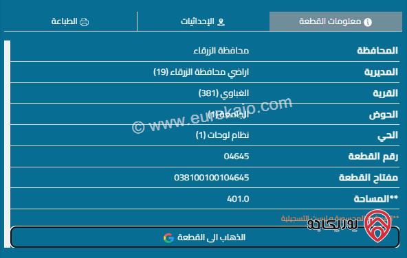 قطعة أرض مساحة 401م للبيع في الزرقاء - الغباوي	