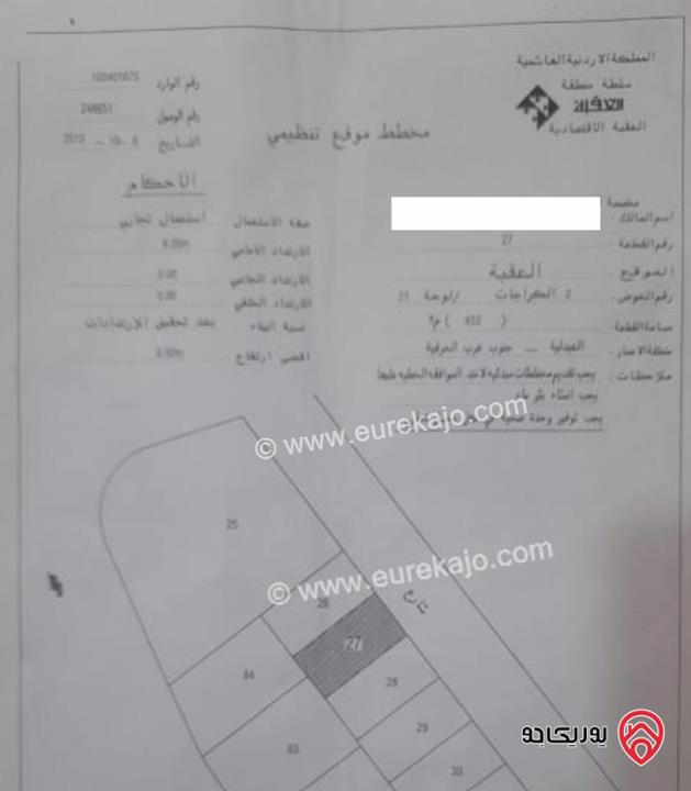 أرض مساحة 455م للبيع في العقبة جنوب غرب الحرفية