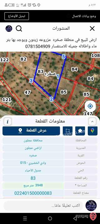 قطعة ارض مساحة 3 دونم و 950م للبيع في عجلون/ صخره يوجد بئر ماء/ مزروعة زيتون 