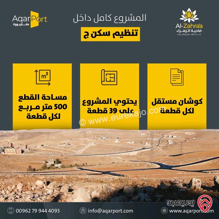 مشروع ضاحية الزهراء قطع اراضي سكن ج مساحة 500م للبيع في عمان - المستندة الجديدة العبدلية - 2.5 كم عن إشارة الغاز 