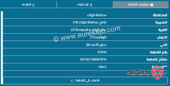 قطعة أرض مساحة 594م للبيع في الزرقاء - ضاحية الأميرة هيا 