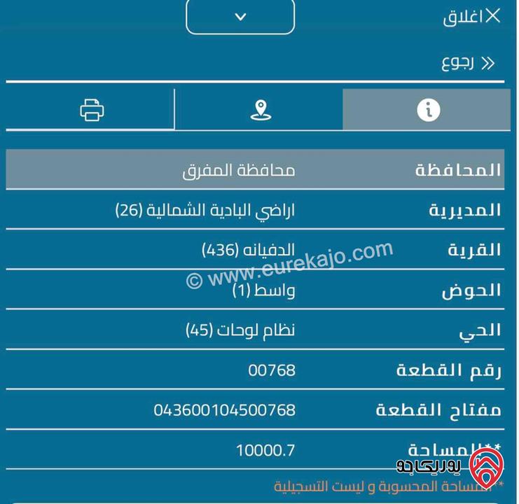 ارض للبيع في المفرق قرية الدفيانه حوض واسط (1) . رقم القطعة 768