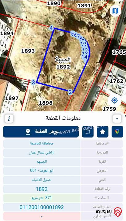 ارض للبيع في عمان- الجبيهة مساحة 871م