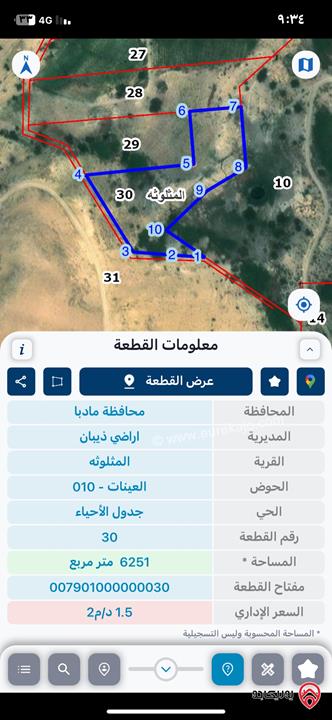 ارض مساحة 6 دونمات و744 متر للبيع في مادبا - ذيبان