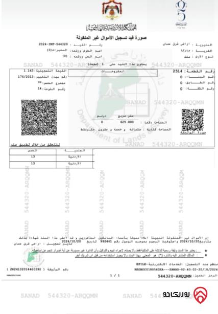 قطعة أرض مساحة 625م للبيع في عمان - ماركا