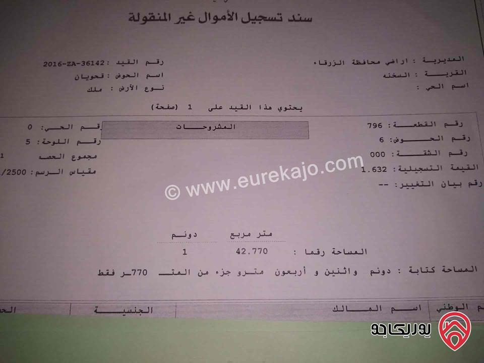 قطعة أرض مساحة 1 دونم و 44م للبيع في الزرقاء - السخنة