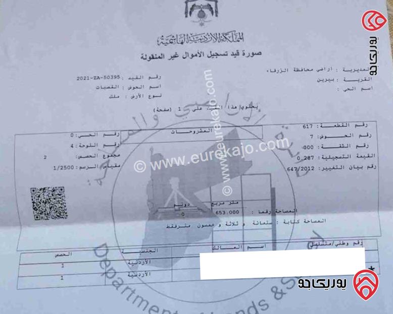 قطعة أرض مساحة 653م للبيع من أراضي الزرقاء - بيرين