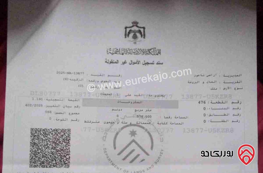 قطعة أرض مساحة 576م للبيع في عمان - ناعور - الروضة - الزقيبة