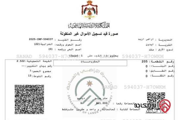 قطعة أرض مساحة 821م للبيع في اربد - ايدون