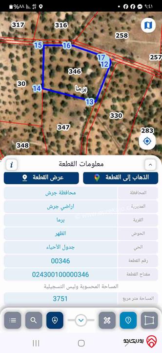 قطعة ارض مساحة 3 دونم و 750م للبيع في جرش - برما