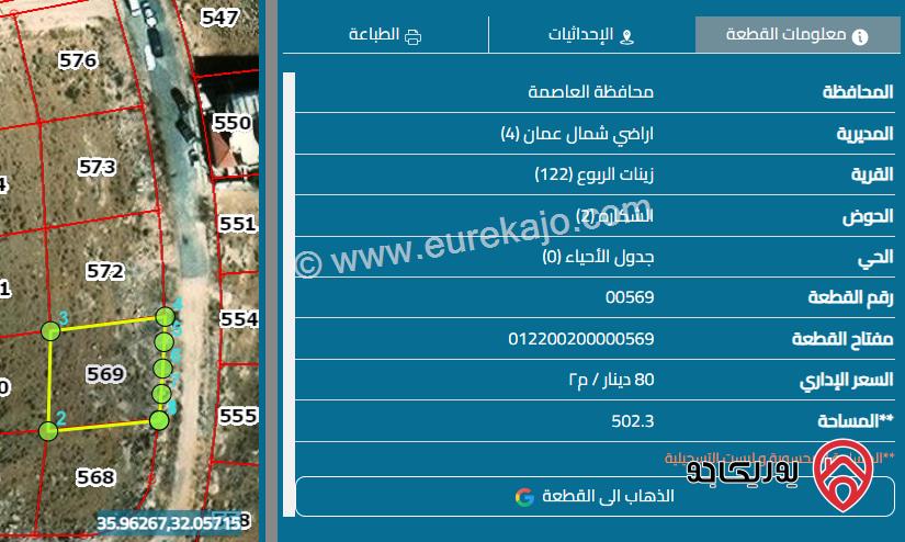 قطعة أرض مساحة 502م للبيع في عمان - شفا بدران