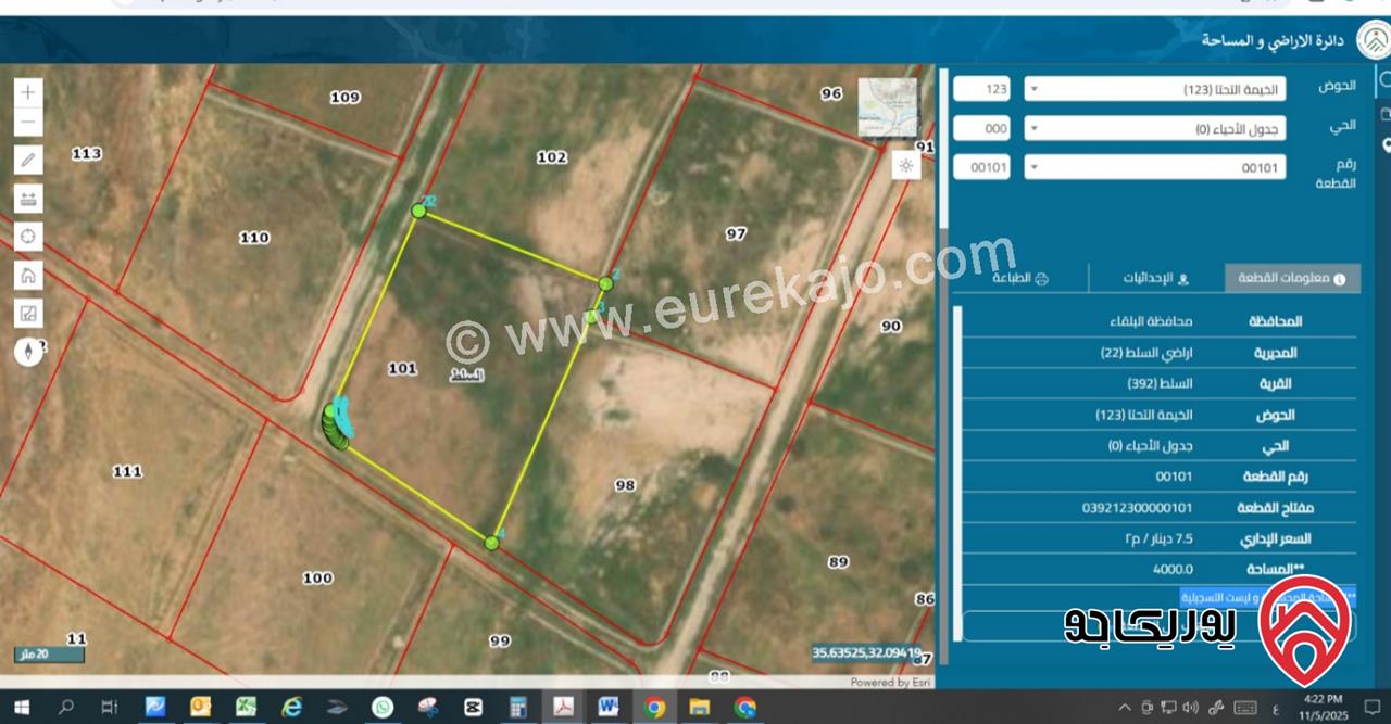 قطعة ارض مميزة مساحة 4 دونم للبيع في السلط الخيمة التحتا
