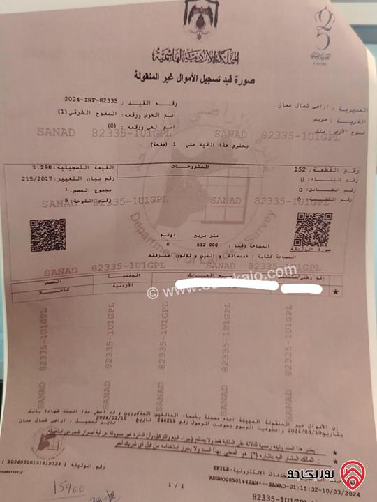 أرض سكني مساحة 532م للبيع في شمال عمان – موبص