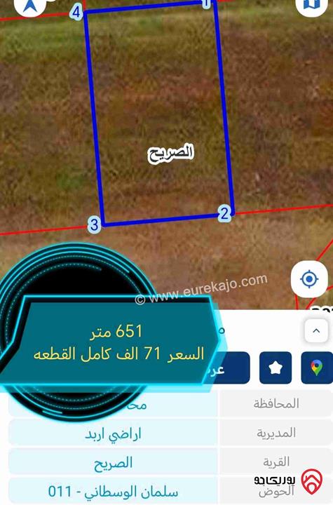 قطع أراضي مساحة 600م - 650م للبيع في اربد - سلمان الوسطاني شارع البتراء 