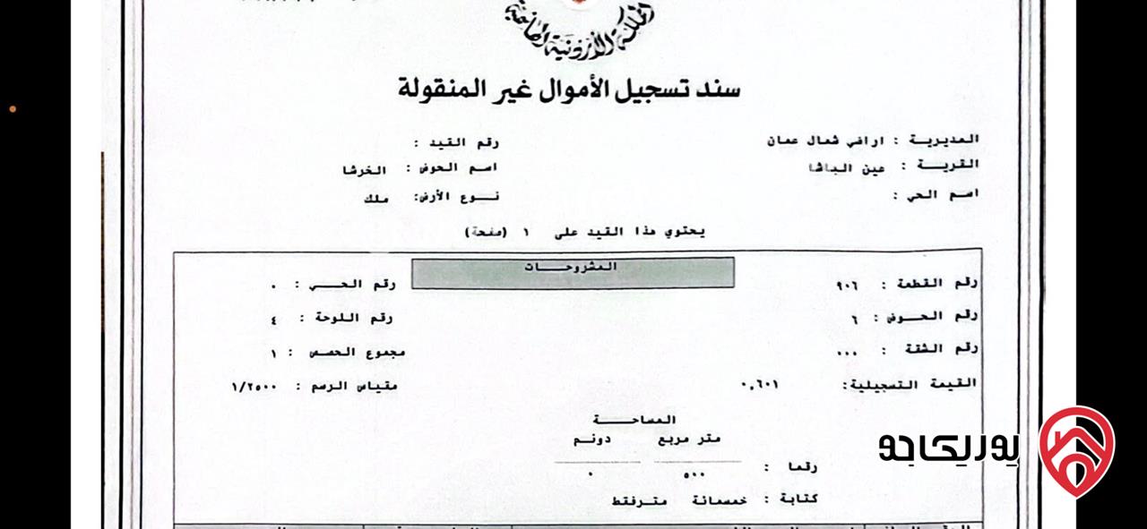 ارض سكنية مساحة 500م للبيع في عين الباشا حوض الخرشا