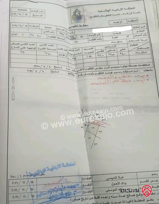 قطعة ارض مساحة 1 دونم و 250م للبيع في منطقة الزرقاء - جريبا مسورة  ومزروعة على 3 شوارع 