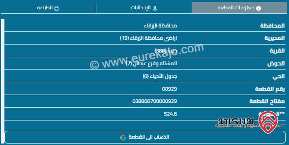 قطعة أرض مساحة 524م للبيع في الزرقاء - ضاحية المدينة المنورة 