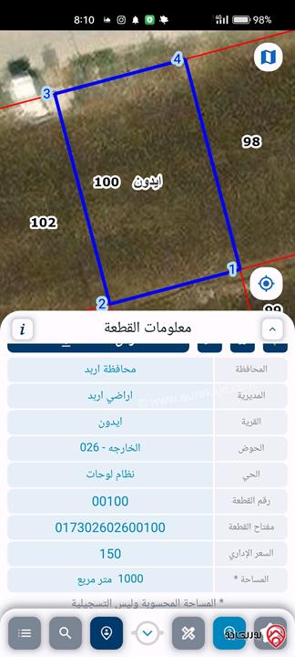 قطعة ارض مساحة 1 دونم للبيع في اربد - ايدون بجانب شارع اربد عمان ومركز اربد الثقافي